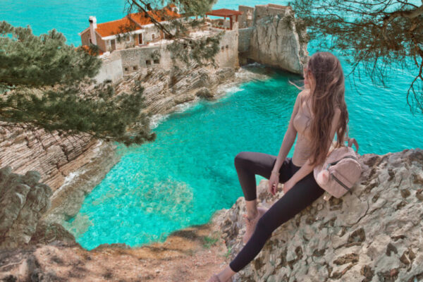 Tourist,Girl,Visiting,Montenegro.,Traveller,Sightseeing,Old,Venetian,Castello,Fortress